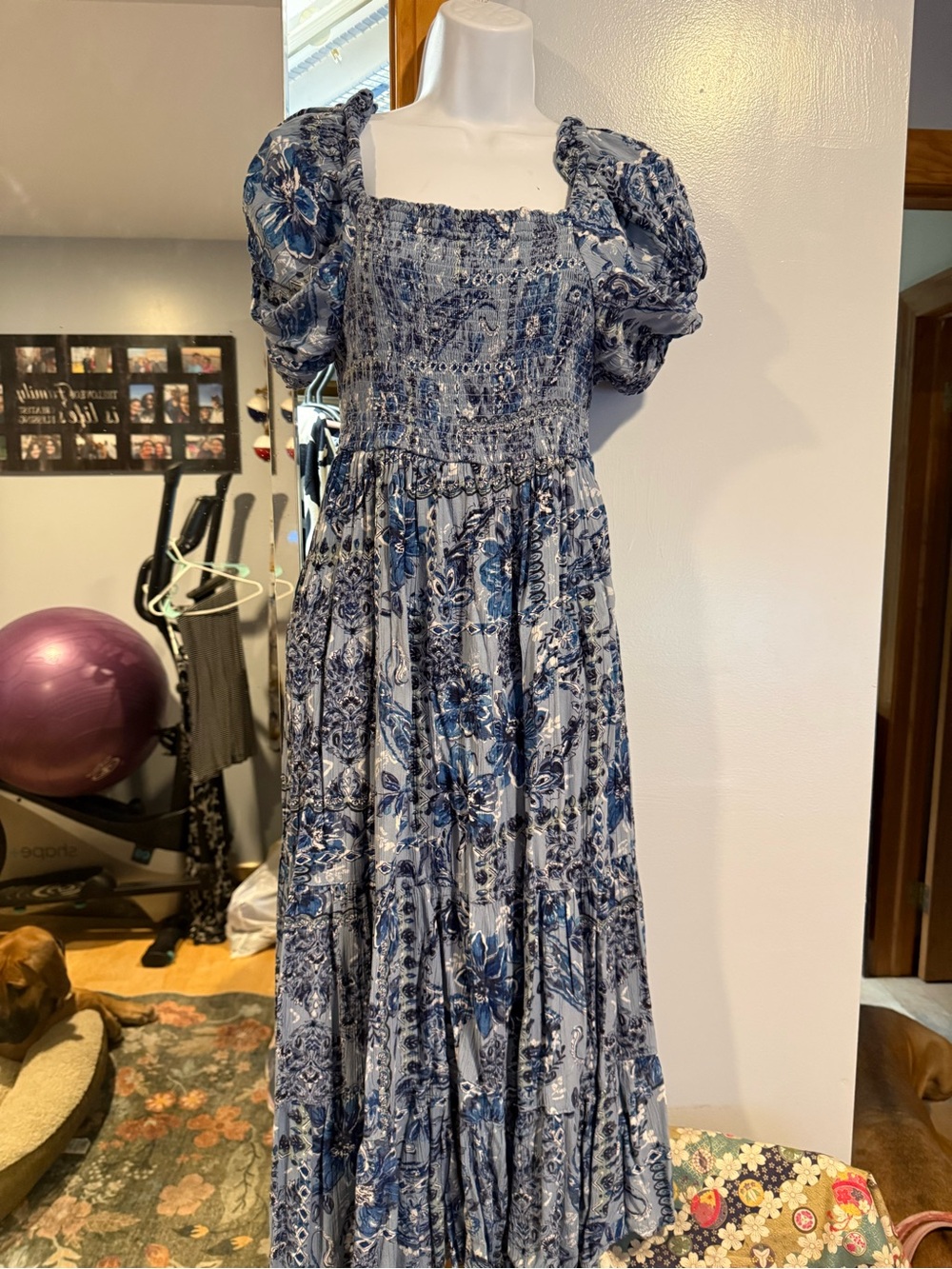 Angie Blue Floral Smocked Maxi Dress with Puff Sleeves